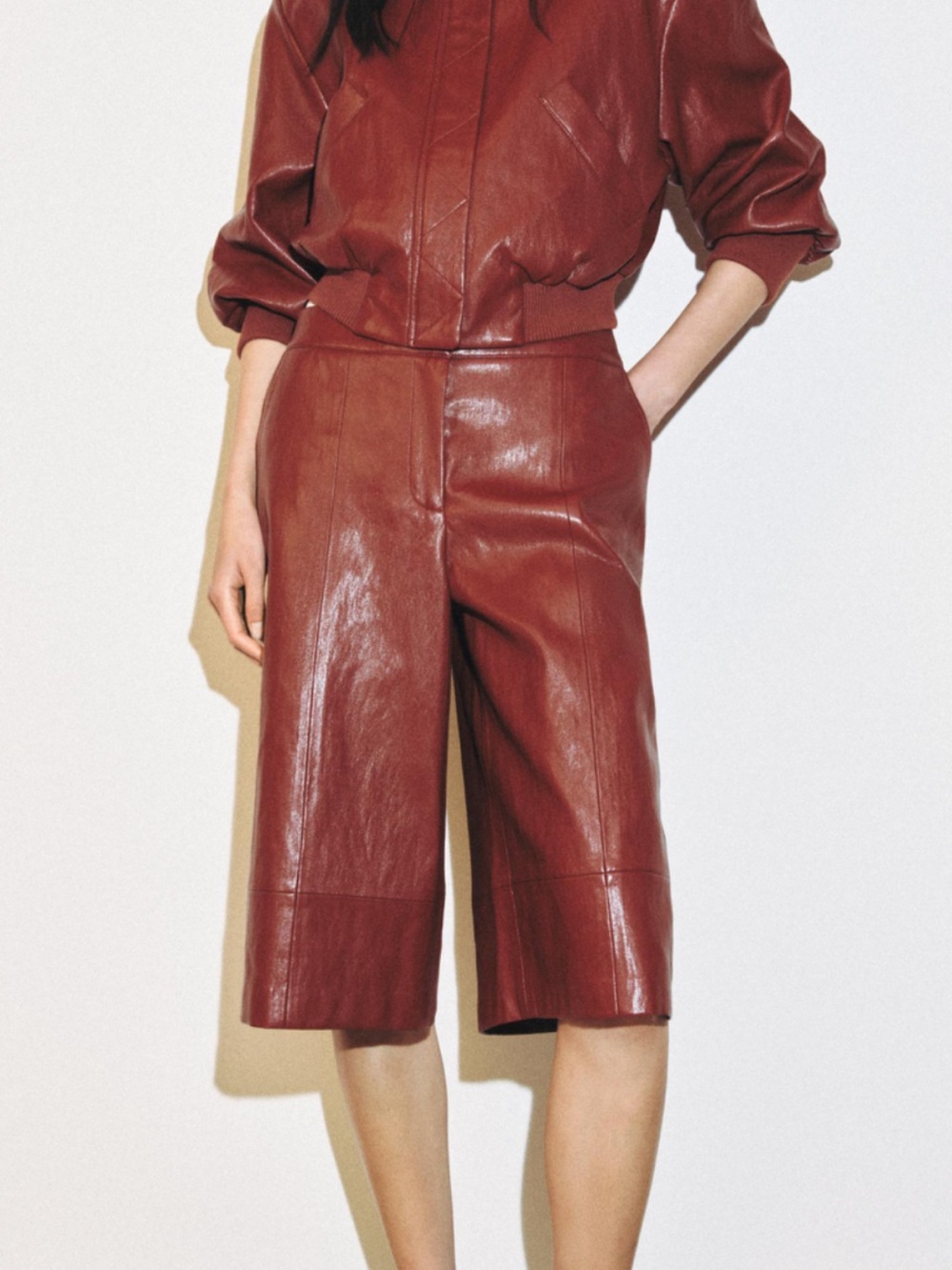 Leather Culotte Jumpsuit in Deep Burgundy